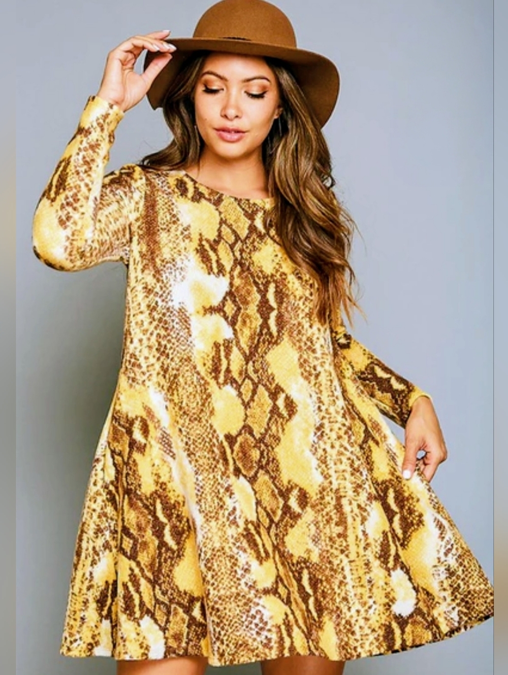 American Curvy Mustard Snakeskin Swing Dress | 1X–3X | Pockets | Statement Print